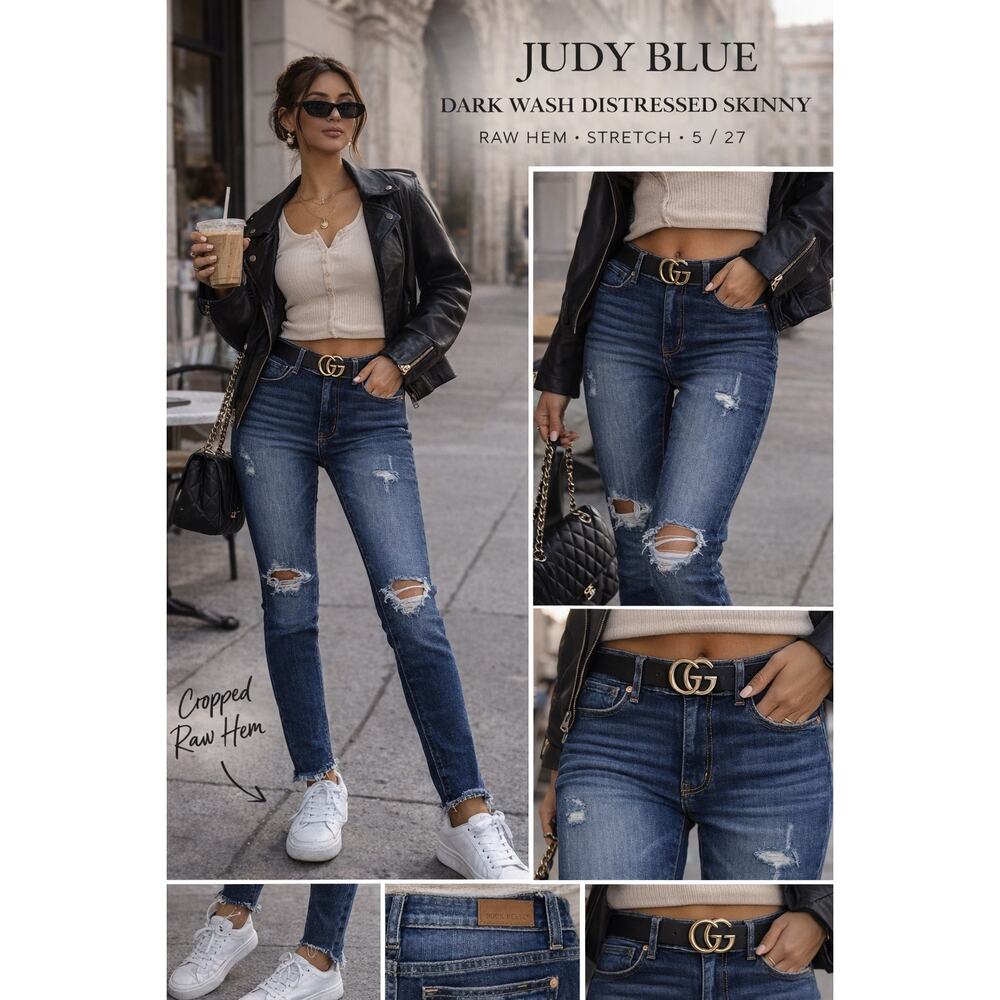 Judy Blue JB8228DK Dark Wash Distressed Skinny Jeans Raw Hem Stretch 5/27